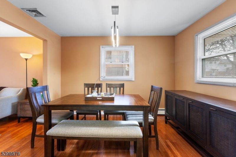 Dining room, Interior, Pendant Lights, Wood Texture Flooring