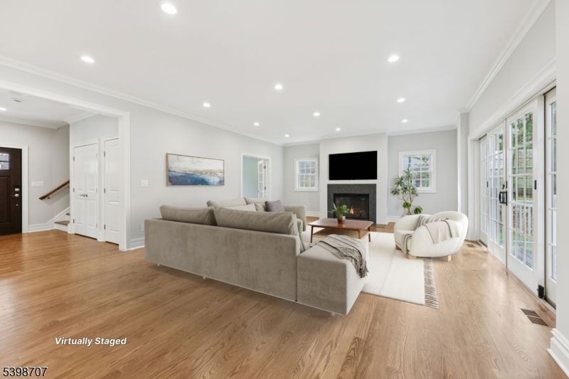 Fireplace, Interior, Living room, Recessed Lighting, Wood Texture Flooring