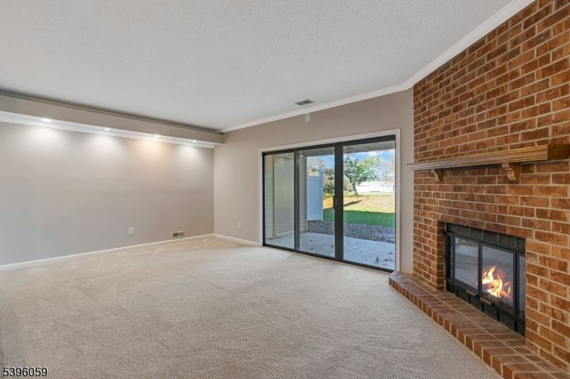 Empty room, Fireplace, Interior, Recessed Lighting, Stone Walls