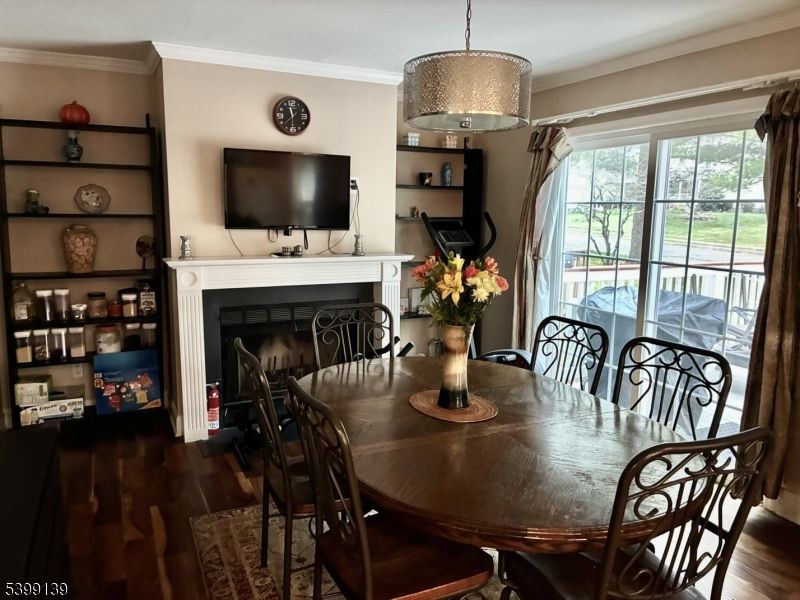 Dining room, Fireplace, Interior, Wood Texture Flooring