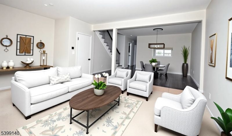 Dining room, Interior, Living room, Pendant Lights, Recessed Lighting, Wood Texture Flooring