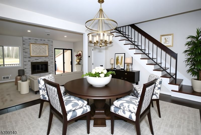 Chandelier, Dining room, Fireplace, Interior, Recessed Lighting