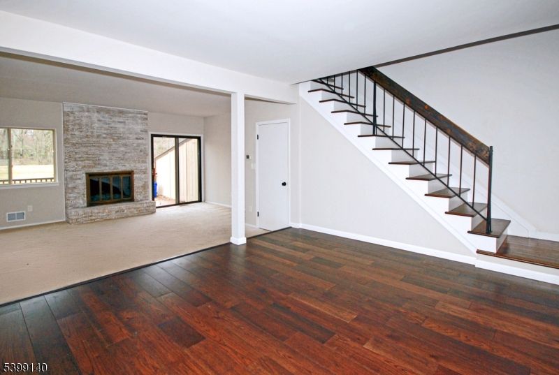 Empty room, Fireplace, Interior, Stone Walls, Wood Texture Flooring