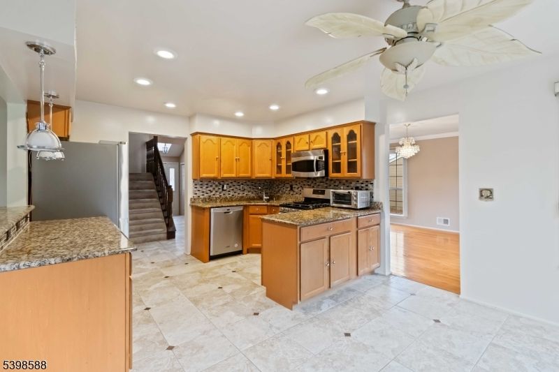 Chandelier, Interior, Kitchen, Recessed Lighting, Stainless Steel Appliances, Wood Texture Flooring