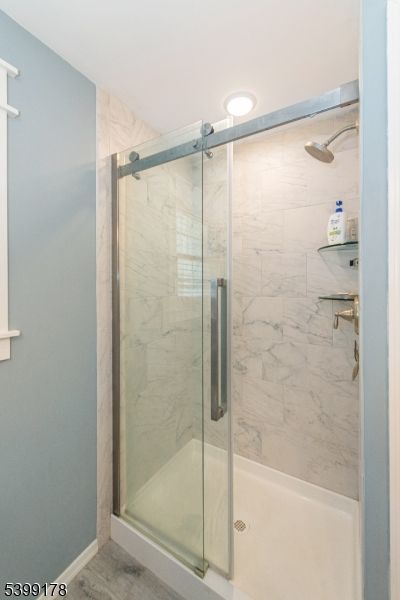 Bathroom, Glass Shower, Interior, Marble Walls, Recessed Lighting