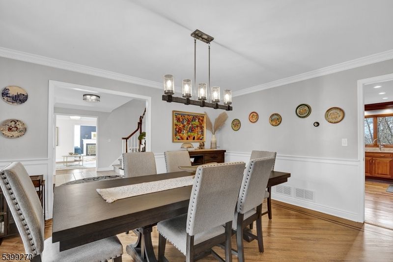 Dining room, Interior, Pendant Lights, Recessed Lighting, Wood Texture Flooring