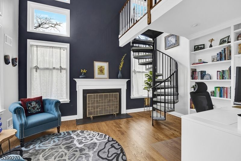 Fireplace, Home Office, Interior, Recessed Lighting, Wood Texture Flooring