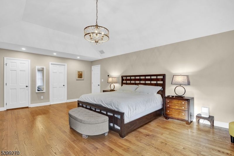 Bedroom, Chandelier, Interior, Pendant Lights, Recessed Lighting, Wood Texture Flooring