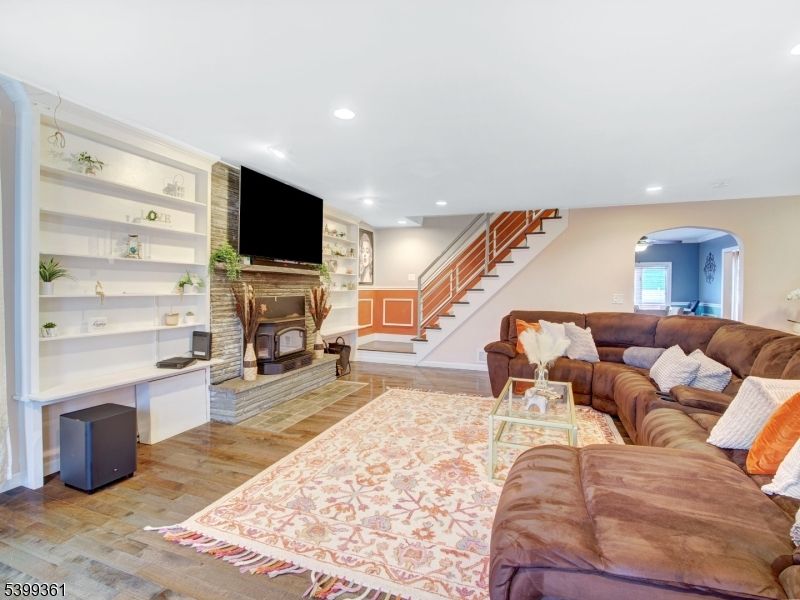 Fireplace, Interior, Living room, Recessed Lighting, Wood Texture Flooring