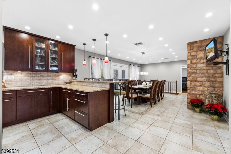Chandelier, Dining room, Fireplace, Interior, Kitchen, Pendant Lights, Recessed Lighting