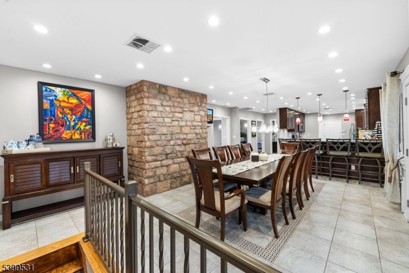 Dining room, Interior, Kitchen, Pendant Lights, Recessed Lighting, Stone Walls
