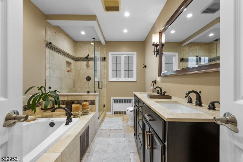 Bathroom, Dual Sink Vanities, Glass Shower, Interior, Recessed Lighting