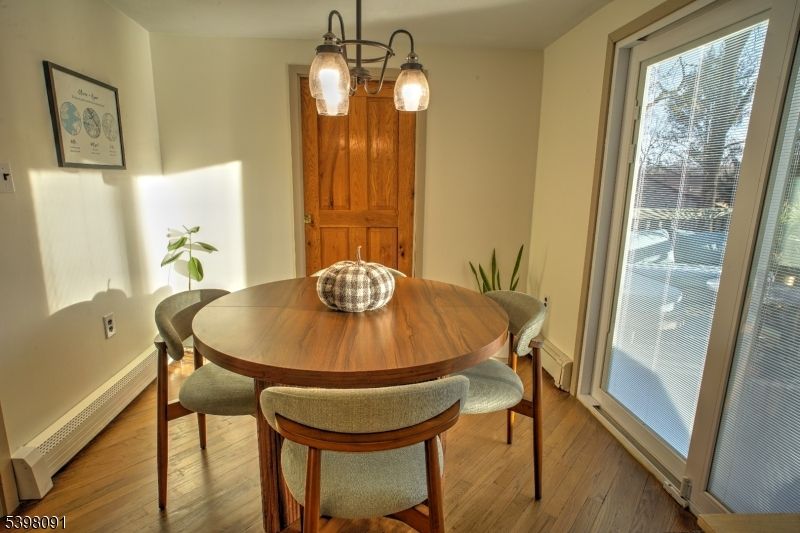 Dining room, Interior, Pendant Lights, Wood Texture Flooring