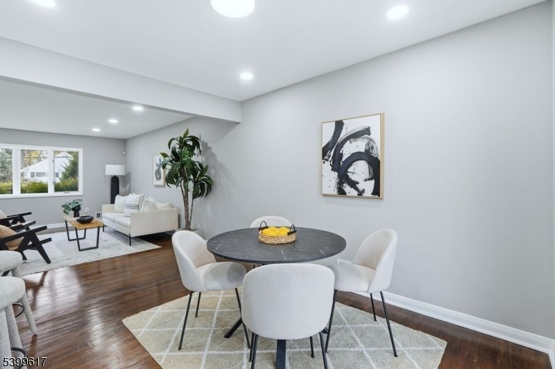 Dining room, Interior, Living room, Recessed Lighting, Wood Texture Flooring