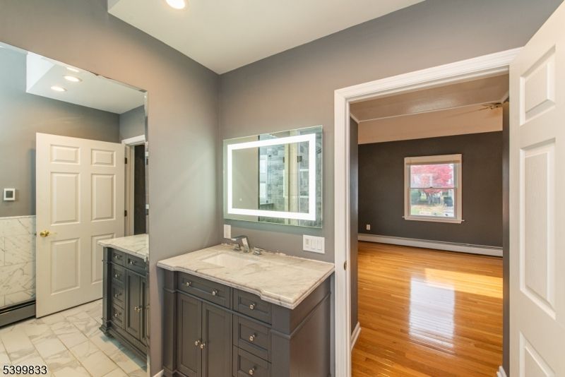Bathroom, Interior, Marble, Recessed Lighting, Wood Texture Flooring
