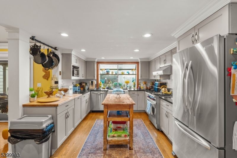 Interior, Kitchen, Recessed Lighting, Stainless Steel Appliances, Wood Texture Flooring