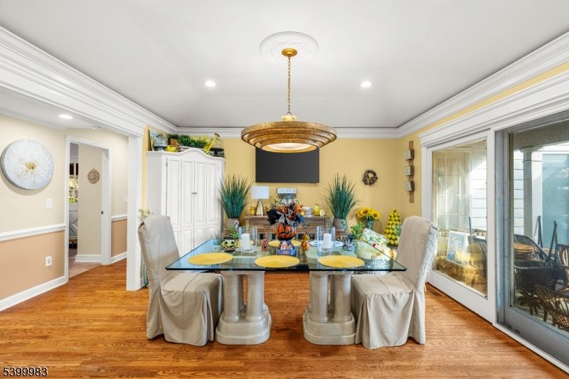 Dining room, Interior, Pendant Lights, Recessed Lighting, Wood Texture Flooring