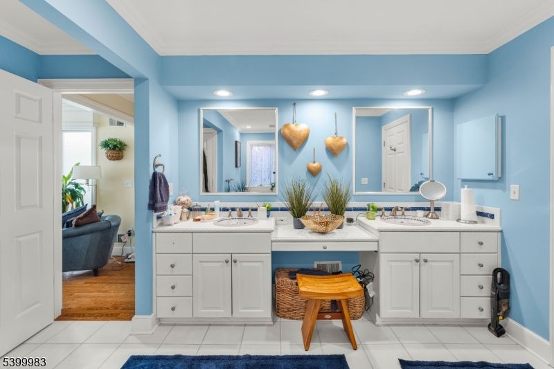 Bathroom, Dual Sink Vanities, Interior, Recessed Lighting, Wood Texture Flooring