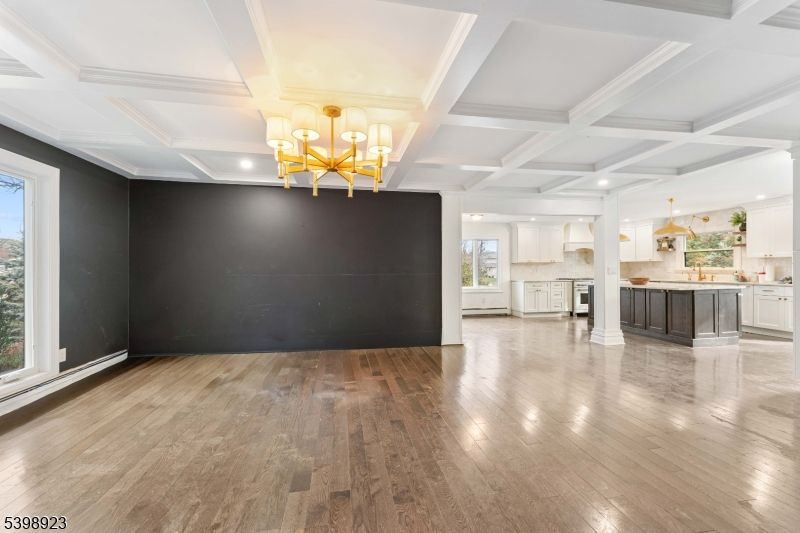 Chandelier, Empty room, Interior, Kitchen, Pendant Lights, Recessed Lighting, Wood Texture Flooring