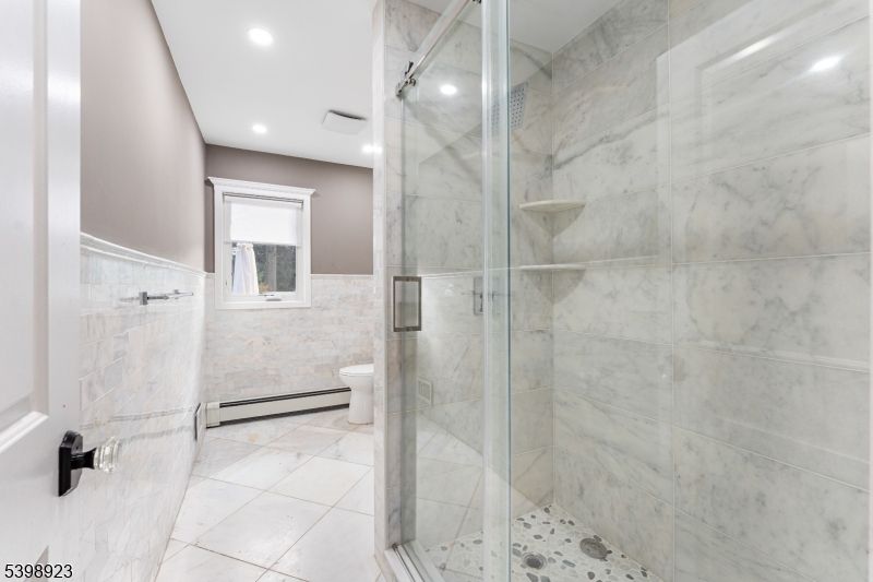 Bathroom, Glass Shower, Interior, Marble Walls, Recessed Lighting