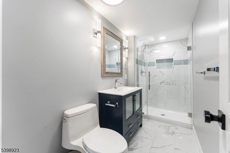 Bathroom, Glass Shower, Interior, Marble, Marble Walls, Recessed Lighting
