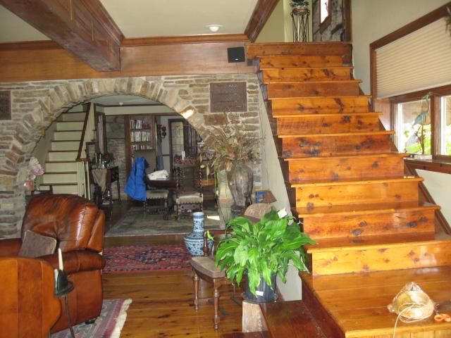 Fireplace, Interior, Recessed Lighting, Stone Walls, Wood Texture Flooring