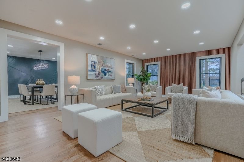 Dining room, Interior, Living room, Pendant Lights, Recessed Lighting, Wood Texture Flooring
