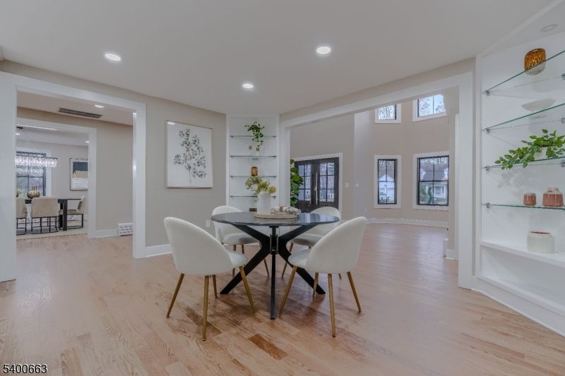 Dining room, Interior, Recessed Lighting, Wood Texture Flooring