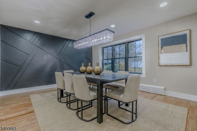 Chandelier, Dining room, Interior, Recessed Lighting, Wood Texture Flooring