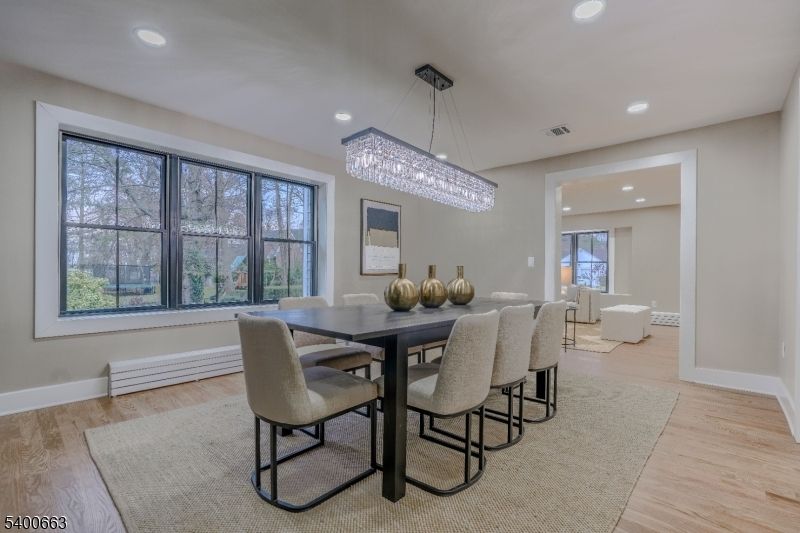 Chandelier, Dining room, Interior, Recessed Lighting, Wood Texture Flooring