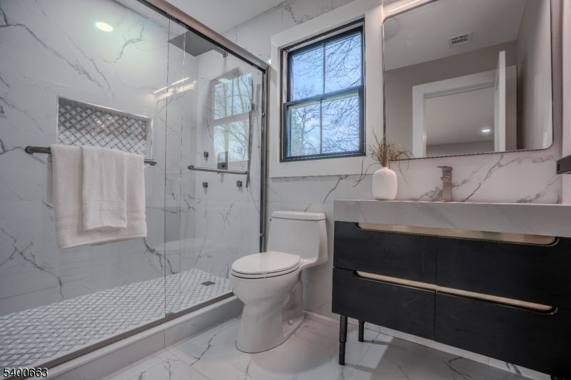 Bathroom, Glass Shower, Interior, Marble, Marble Walls, Recessed Lighting