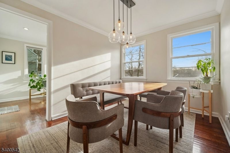 Dining room, Interior, Pendant Lights, Recessed Lighting, Wood Texture Flooring