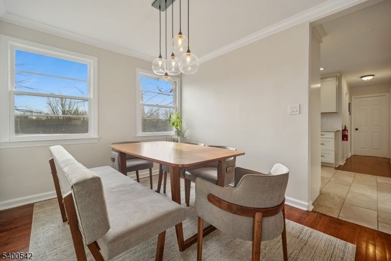 Dining room, Interior, Pendant Lights, Recessed Lighting, Wood Texture Flooring