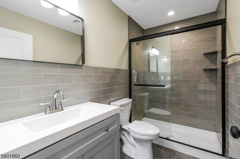 Bathroom, Glass Shower, Interior, Recessed Lighting, Wood Texture Flooring