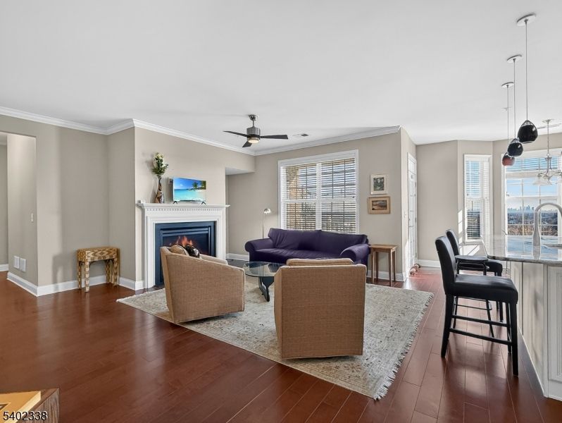 Fireplace, Interior, Living room, Pendant Lights, Wood Texture Flooring