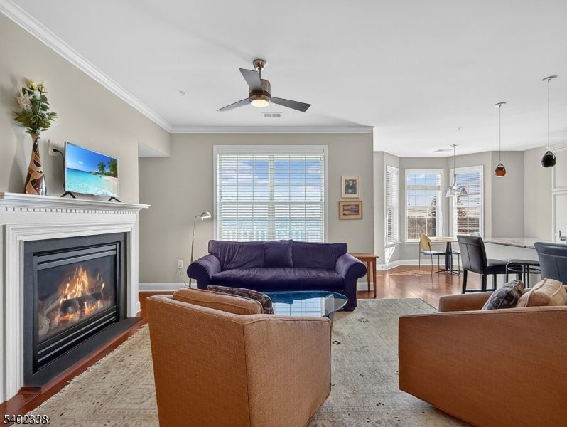 Dining room, Fireplace, Interior, Living room, Pendant Lights, Wood Texture Flooring