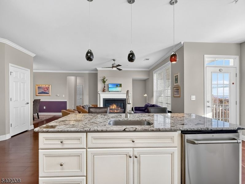 Fireplace, Interior, Kitchen, Living room, Pendant Lights, Recessed Lighting, Wood Texture Flooring