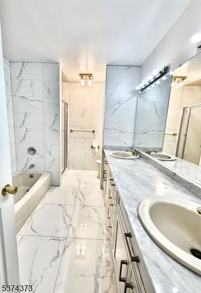 Bathroom, Dual Sink Vanities, Glass Shower, Interior, Marble, Marble Walls