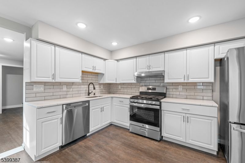 Interior, Kitchen, Recessed Lighting, Stainless Steel Appliances, Wood Texture Flooring