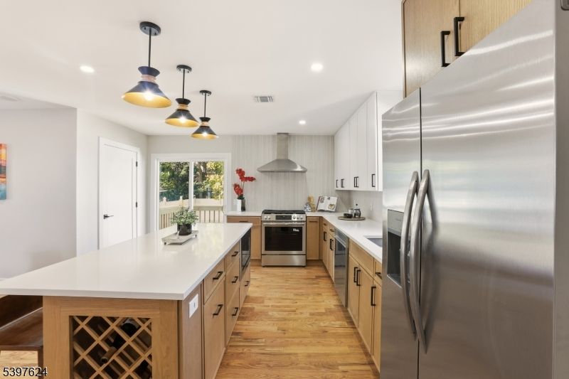 Interior, Kitchen, Pendant Lights, Recessed Lighting, Stainless Steel Appliances, Wood Texture Flooring
