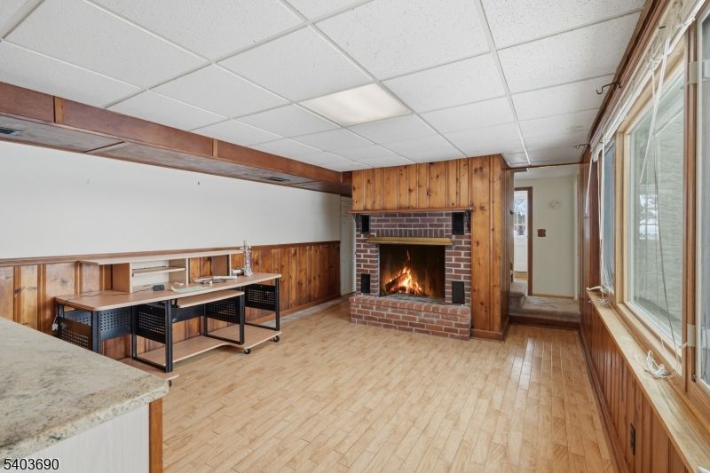 Fireplace, Home Office, Interior, Recessed Lighting, Wooden Beams, Wood Texture Flooring, Wooden Walls