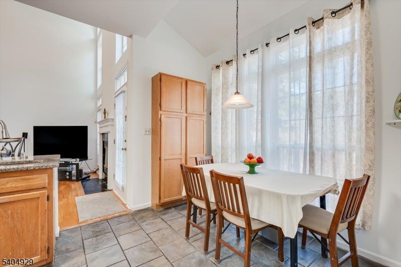 Dining room, Fireplace, Interior, Pendant Lights