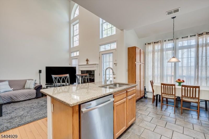 Dining room, Fireplace, Interior, Kitchen, Pendant Lights