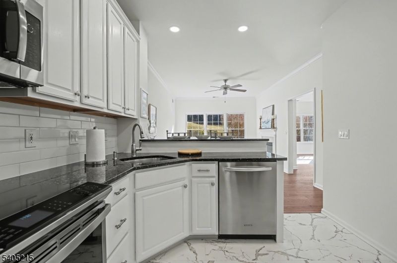 Interior, Kitchen, Marble, Recessed Lighting, Stainless Steel Appliances