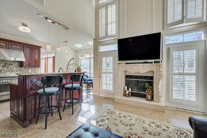 Fireplace, Interior, Kitchen, Pendant Lights, Stainless Steel Appliances