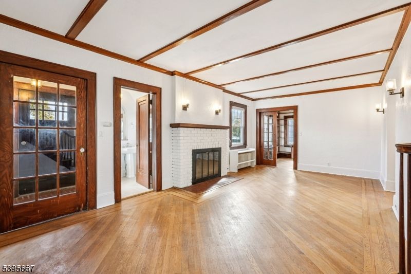Empty room, Fireplace, Interior, Wooden Beams, Wood Texture Flooring
