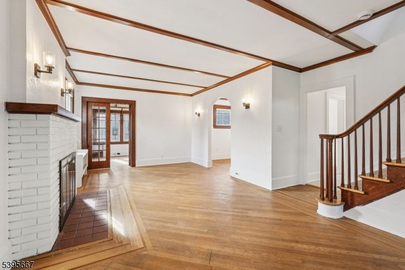 Empty room, Fireplace, Interior, Wooden Beams, Wood Texture Flooring