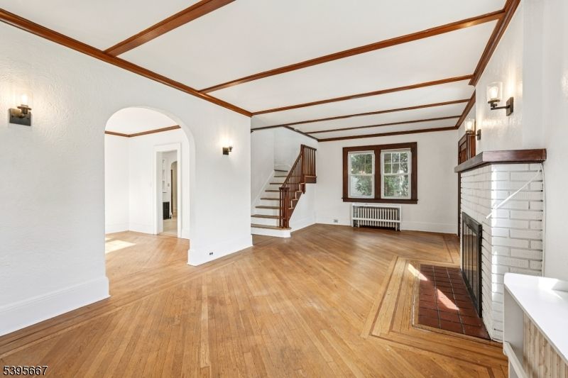 Empty room, Fireplace, Interior, Wooden Beams, Wood Texture Flooring