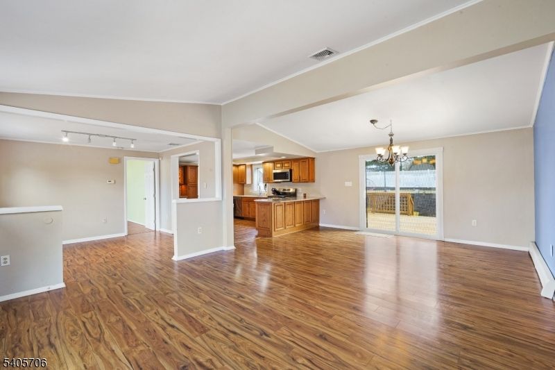 Chandelier, Empty room, Interior, Kitchen, Wood Texture Flooring