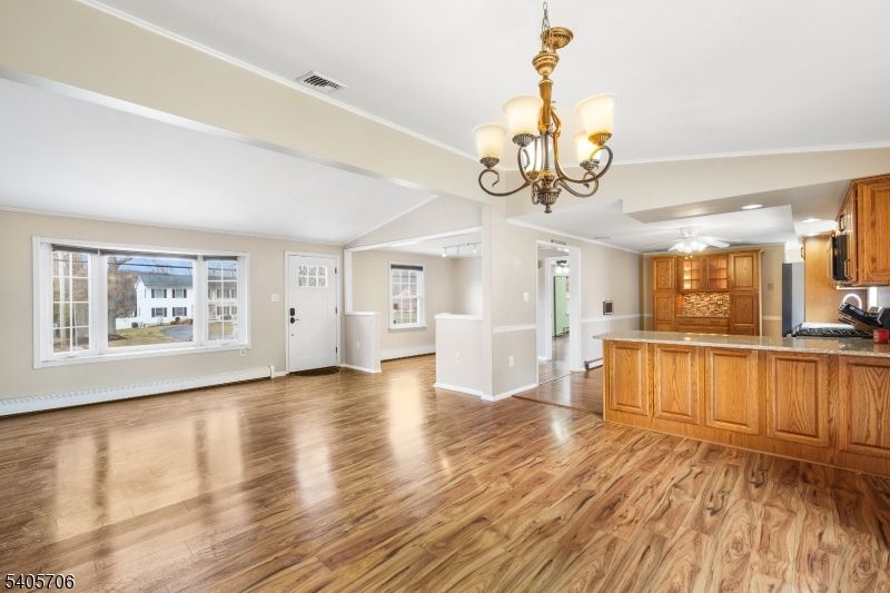 Chandelier, Empty room, Interior, Kitchen, Recessed Lighting, Wood Texture Flooring